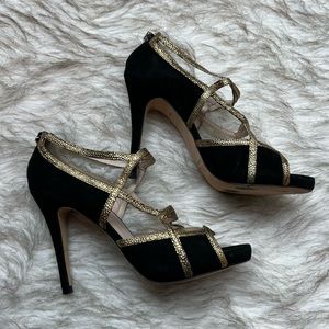 L.K. Bennet London Black Suede Golden Details Strap Platform Stilettos Size 9.5